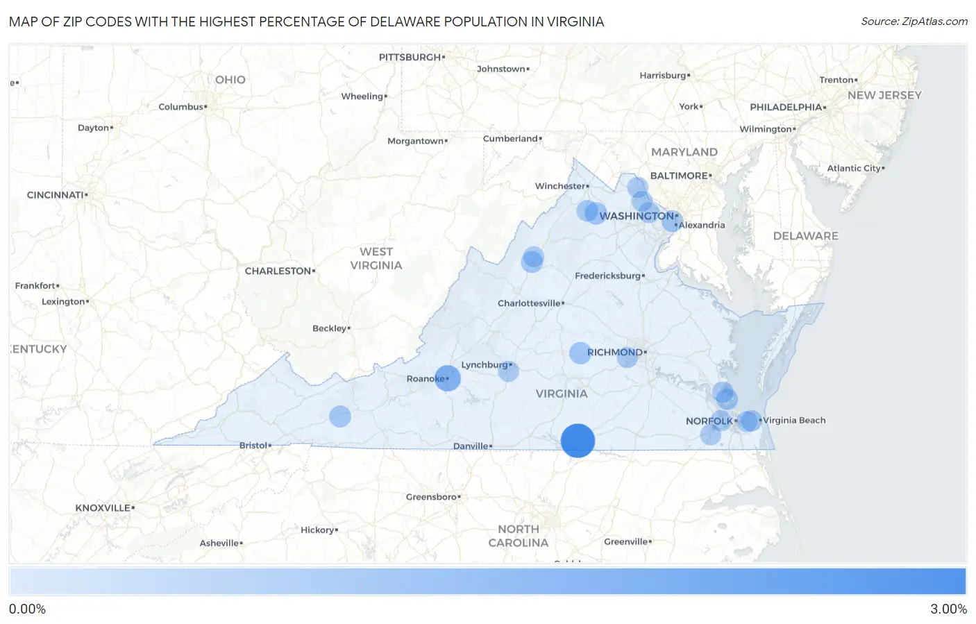 Zip Codes with the Highest Percentage of Delaware Population in Virginia Map