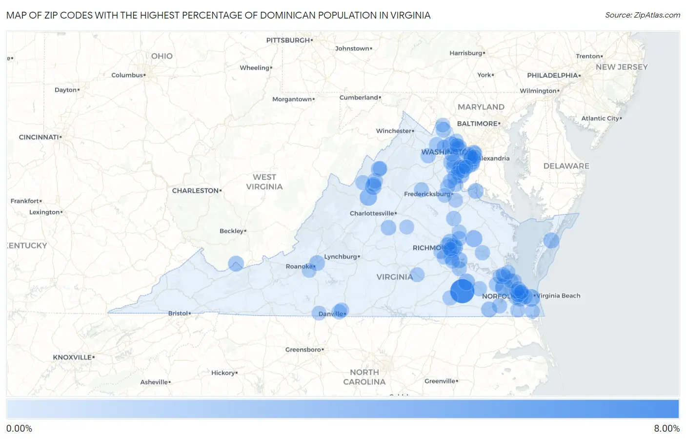 Zip Codes with the Highest Percentage of Dominican Population in Virginia Map