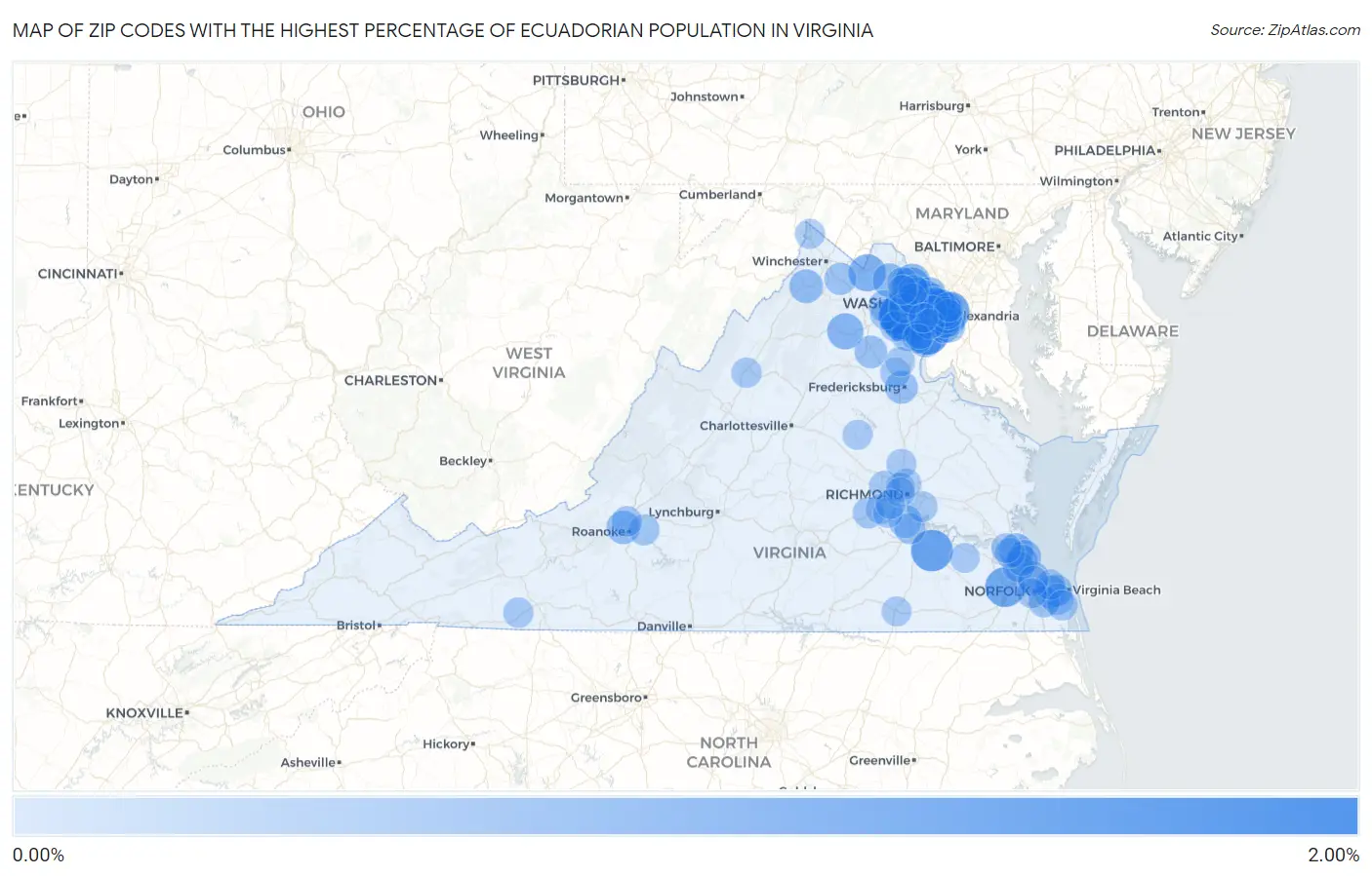 Zip Codes with the Highest Percentage of Ecuadorian Population in Virginia Map