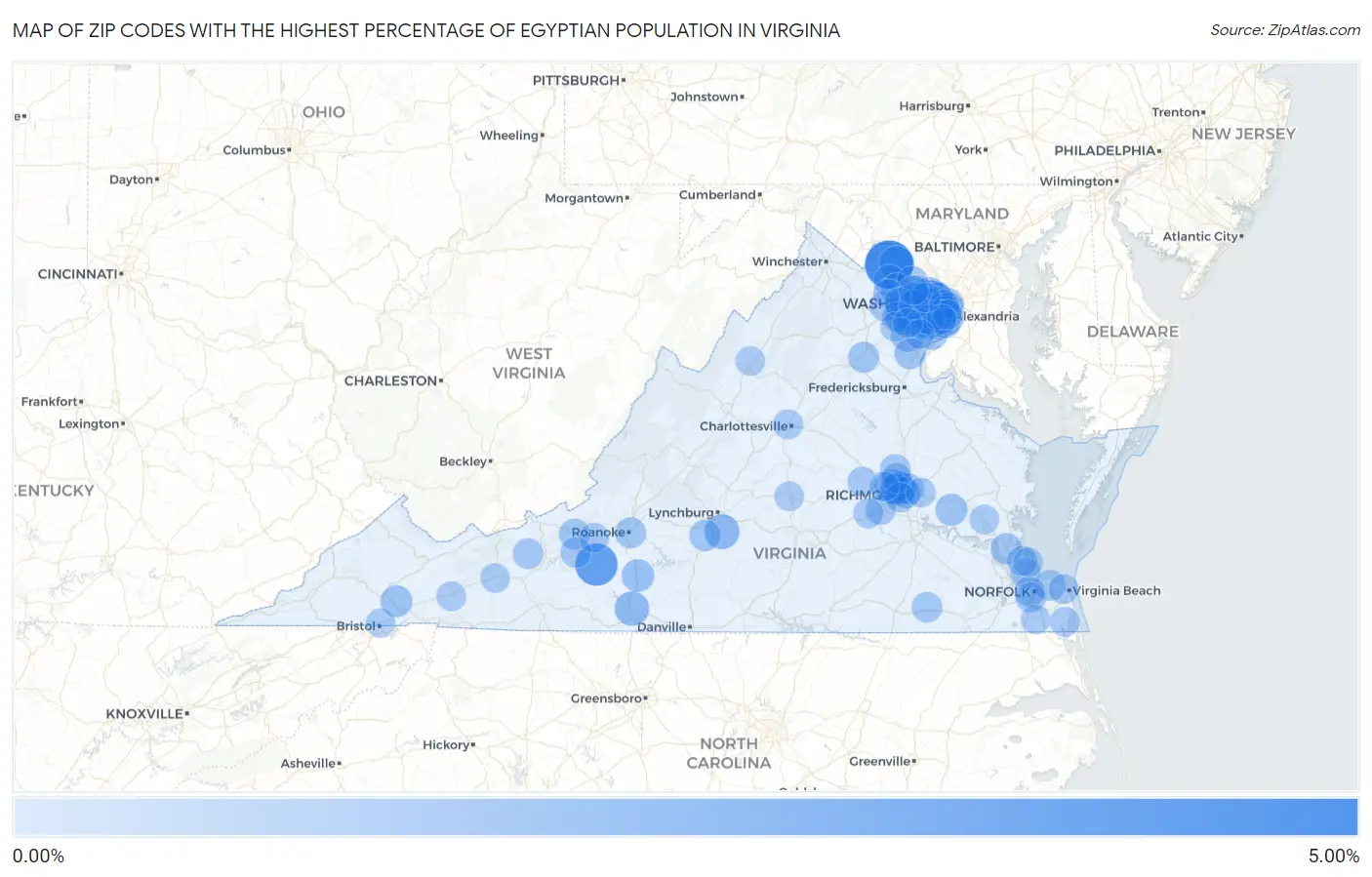 Zip Codes with the Highest Percentage of Egyptian Population in Virginia Map