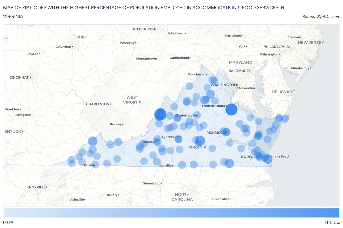 Zip Codes with the Highest Percentage of Population Employed in Accommodation & Food Services in Virginia Map