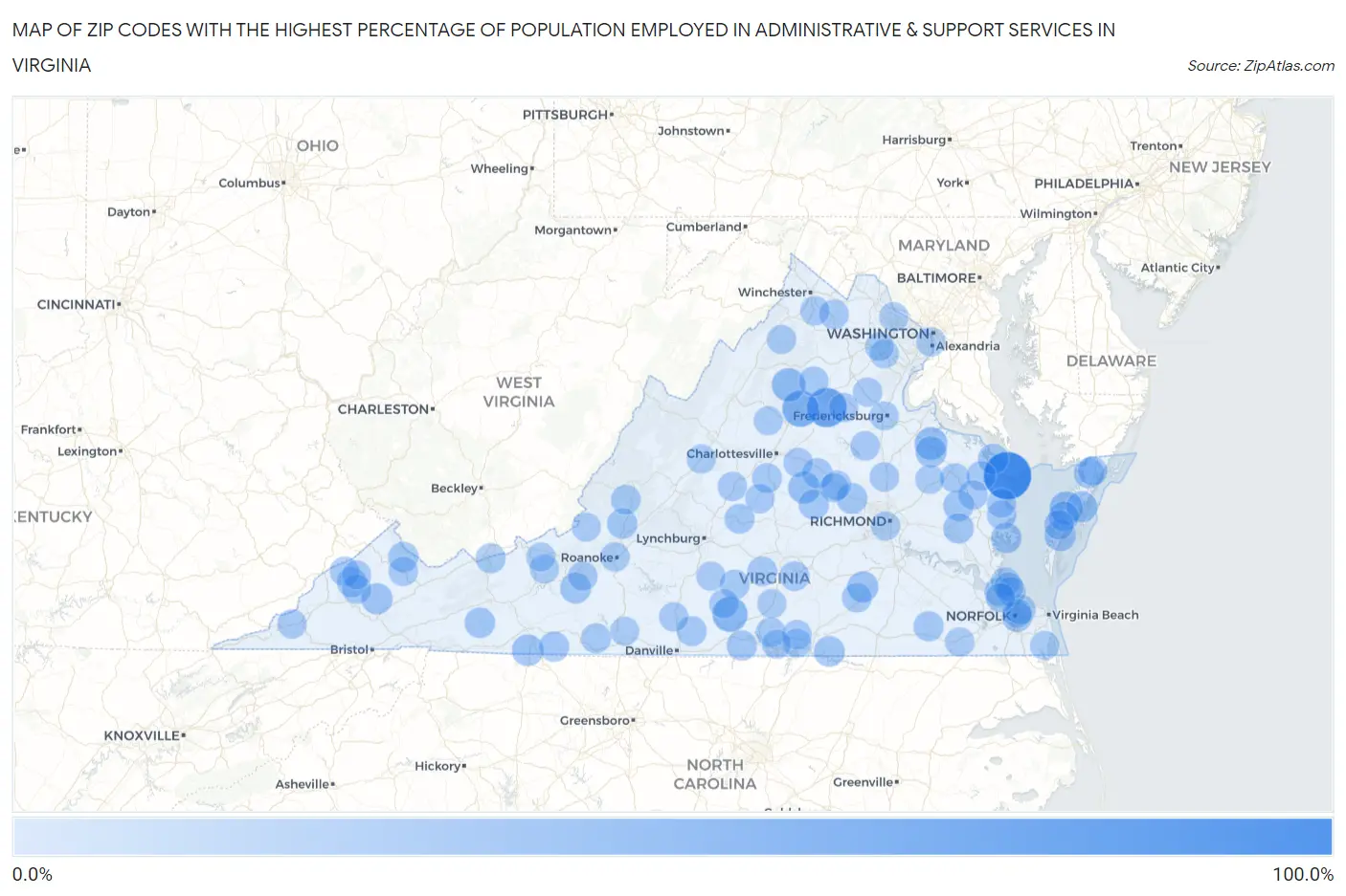 Zip Codes with the Highest Percentage of Population Employed in Administrative & Support Services in Virginia Map