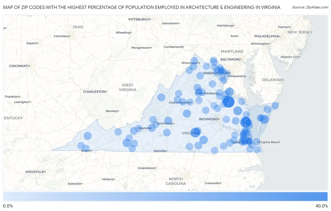 Zip Codes with the Highest Percentage of Population Employed in Architecture & Engineering in Virginia Map