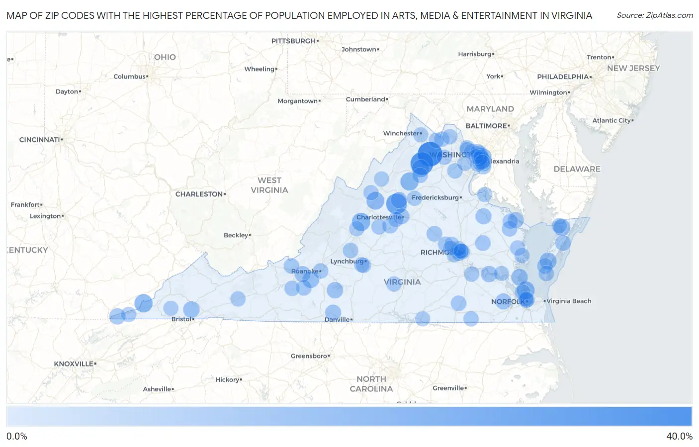 Zip Codes with the Highest Percentage of Population Employed in Arts, Media & Entertainment in Virginia Map