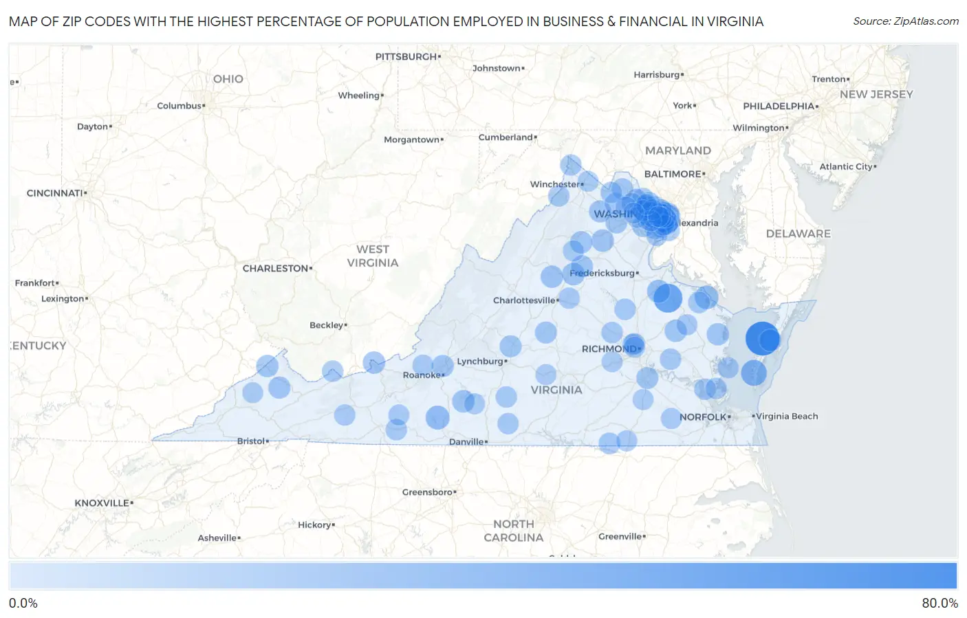 Zip Codes with the Highest Percentage of Population Employed in Business & Financial in Virginia Map
