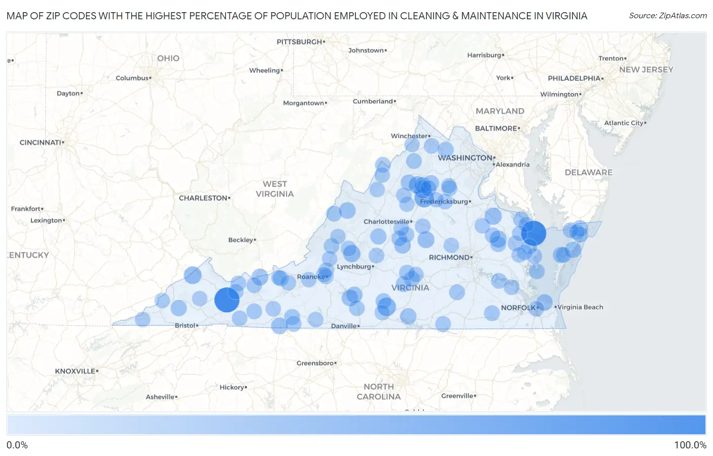 Zip Codes with the Highest Percentage of Population Employed in Cleaning & Maintenance in Virginia Map