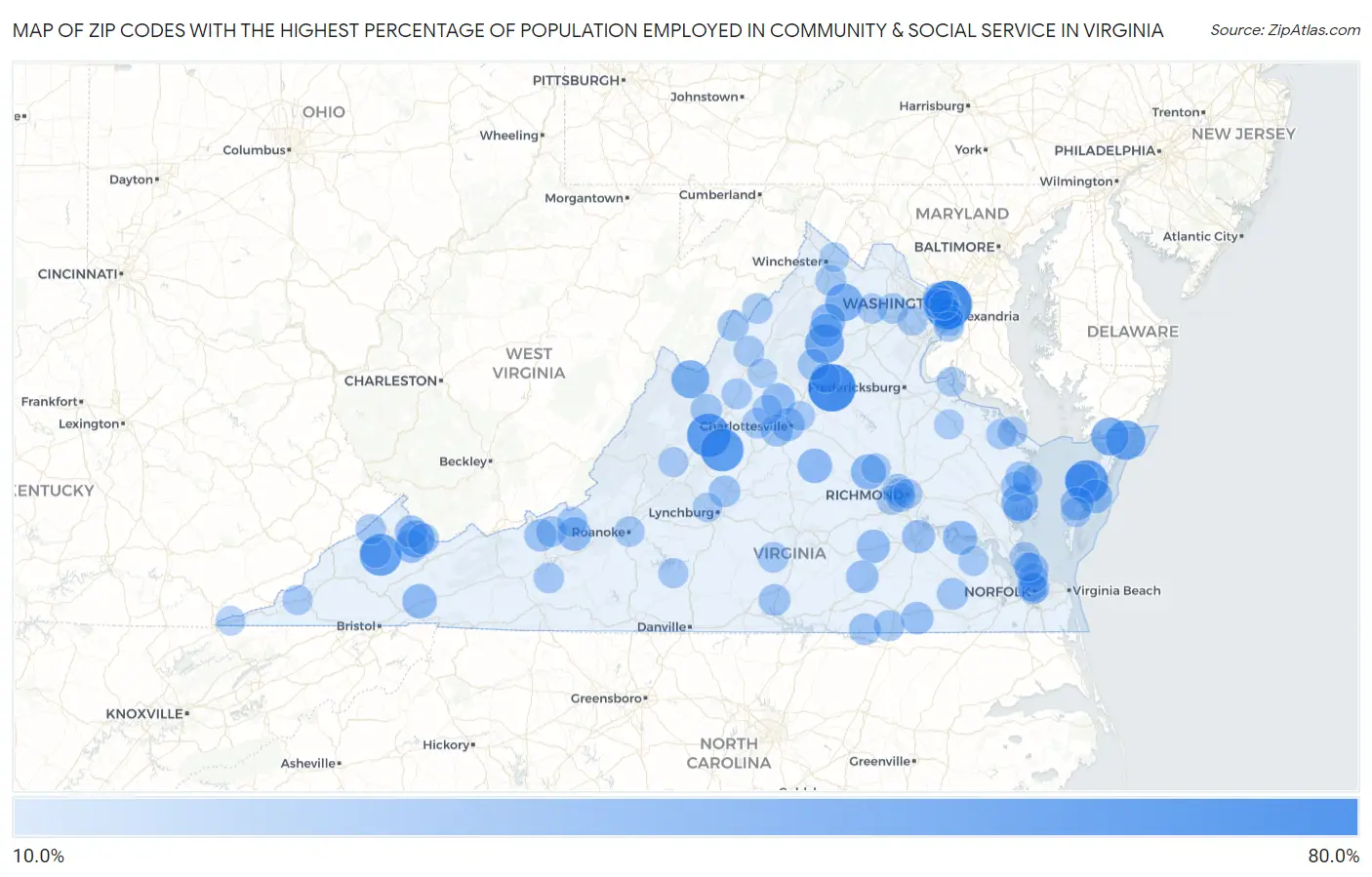 Zip Codes with the Highest Percentage of Population Employed in Community & Social Service  in Virginia Map