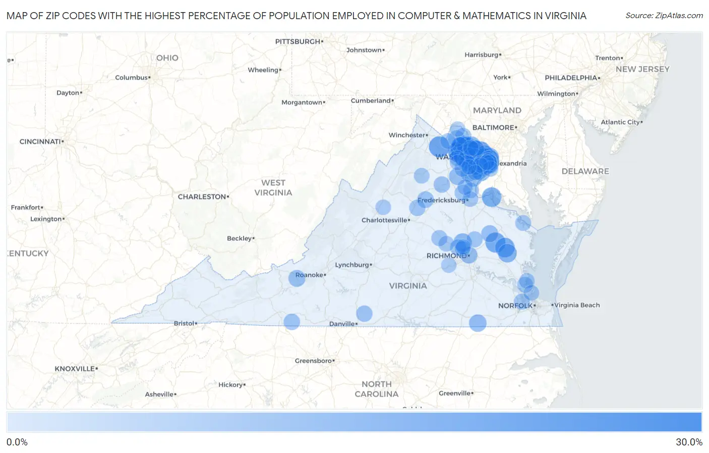 Zip Codes with the Highest Percentage of Population Employed in Computer & Mathematics in Virginia Map