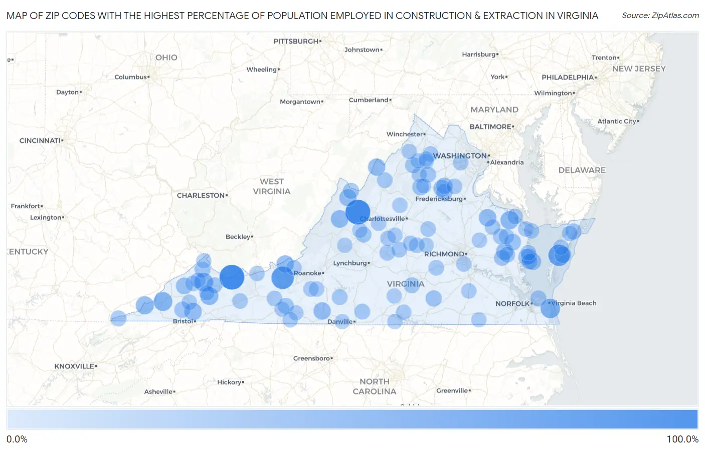 Zip Codes with the Highest Percentage of Population Employed in Construction & Extraction in Virginia Map