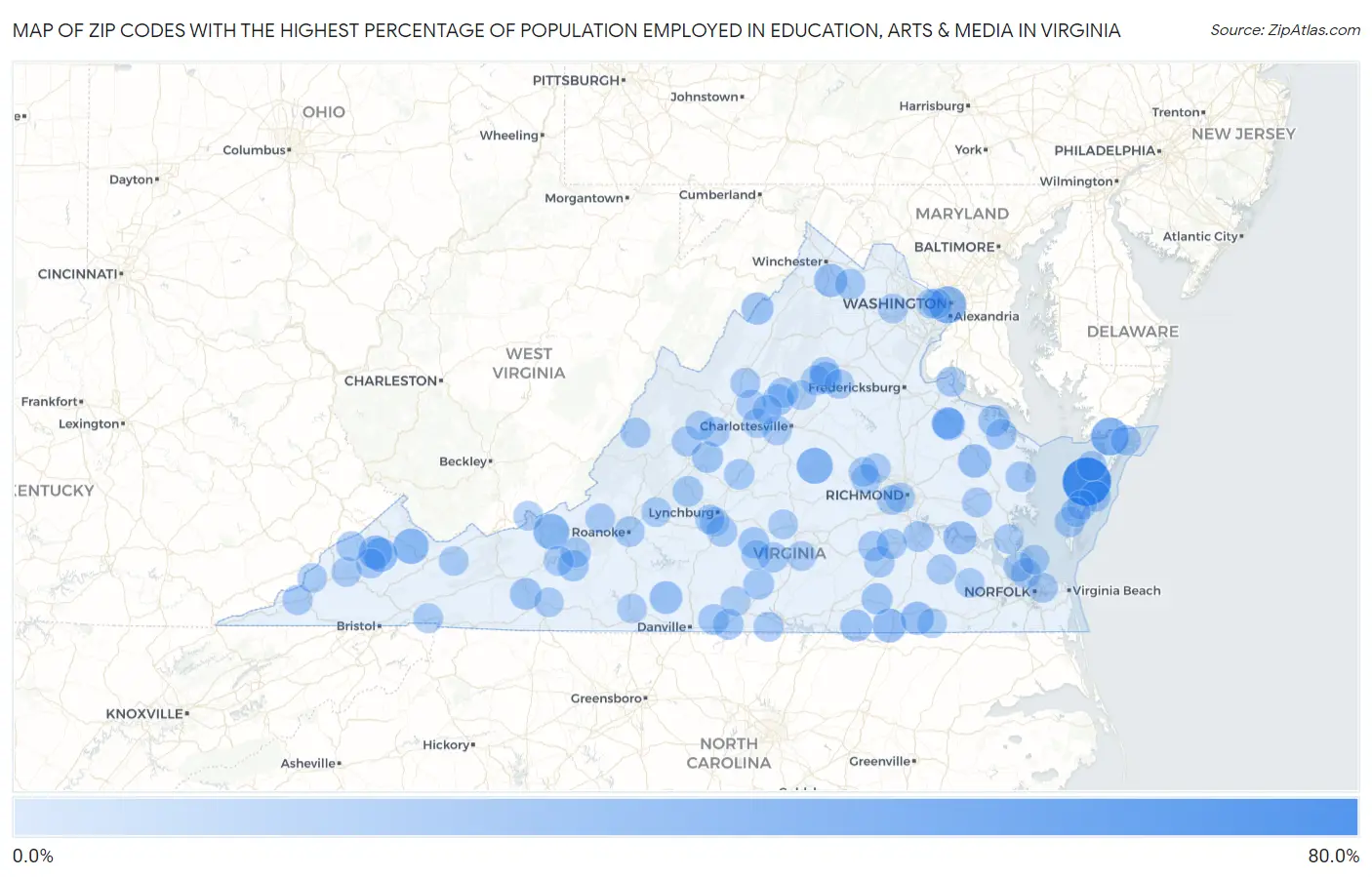 Zip Codes with the Highest Percentage of Population Employed in Education, Arts & Media in Virginia Map
