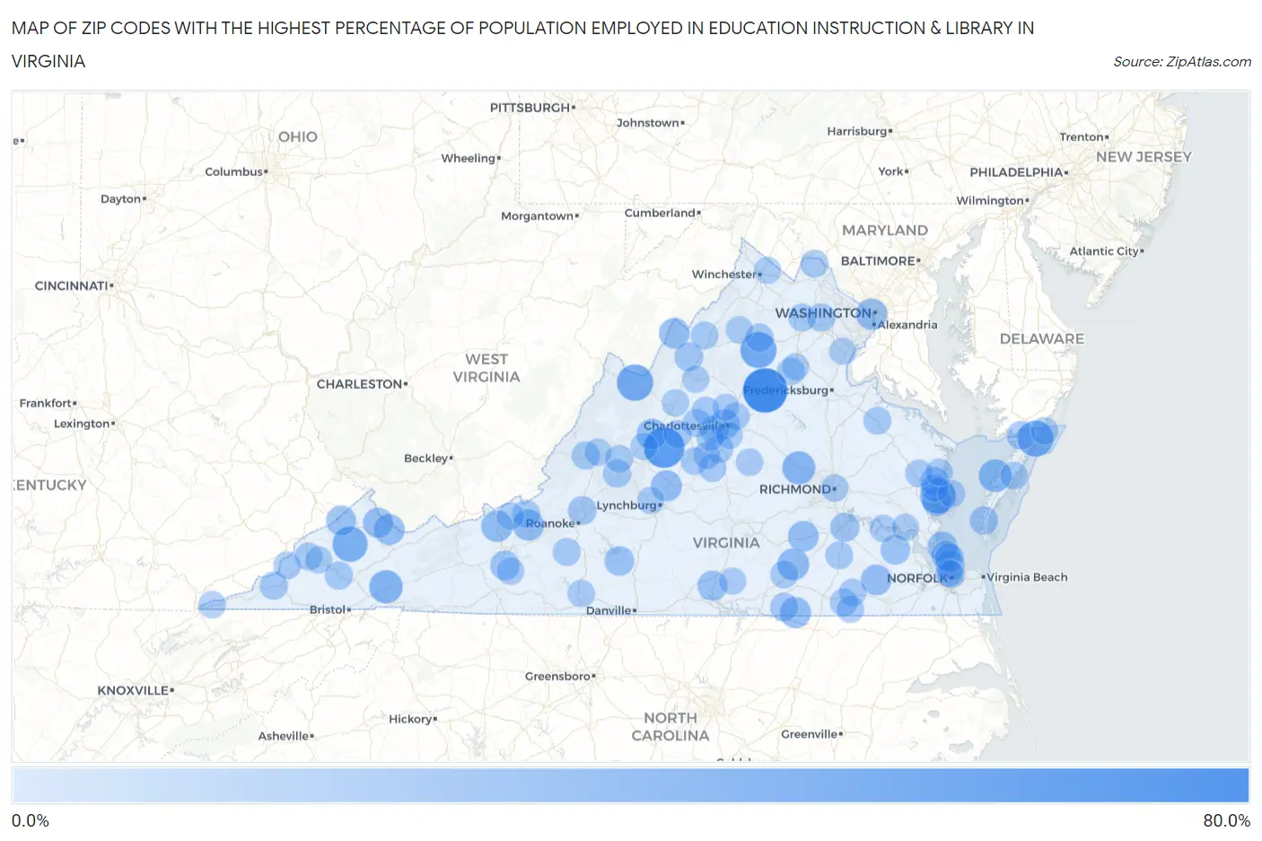Zip Codes with the Highest Percentage of Population Employed in Education Instruction & Library in Virginia Map
