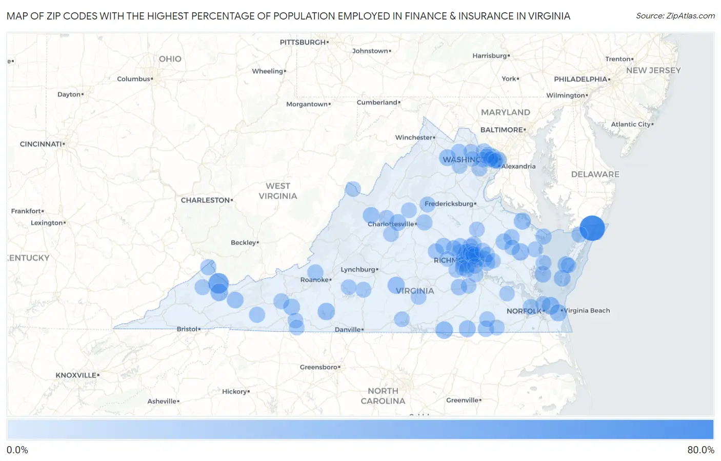 Zip Codes with the Highest Percentage of Population Employed in Finance & Insurance in Virginia Map