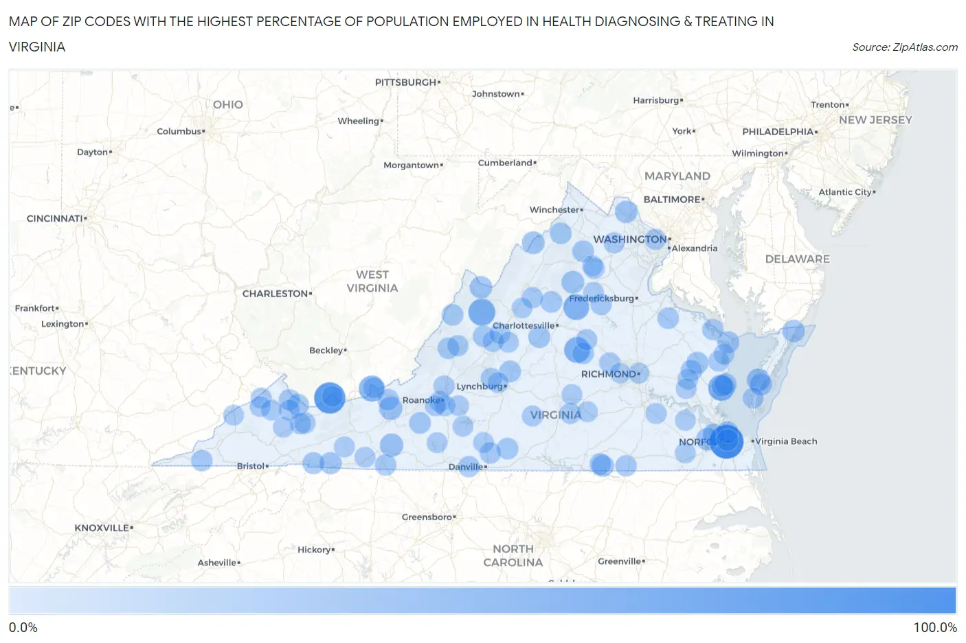 Zip Codes with the Highest Percentage of Population Employed in Health Diagnosing & Treating in Virginia Map