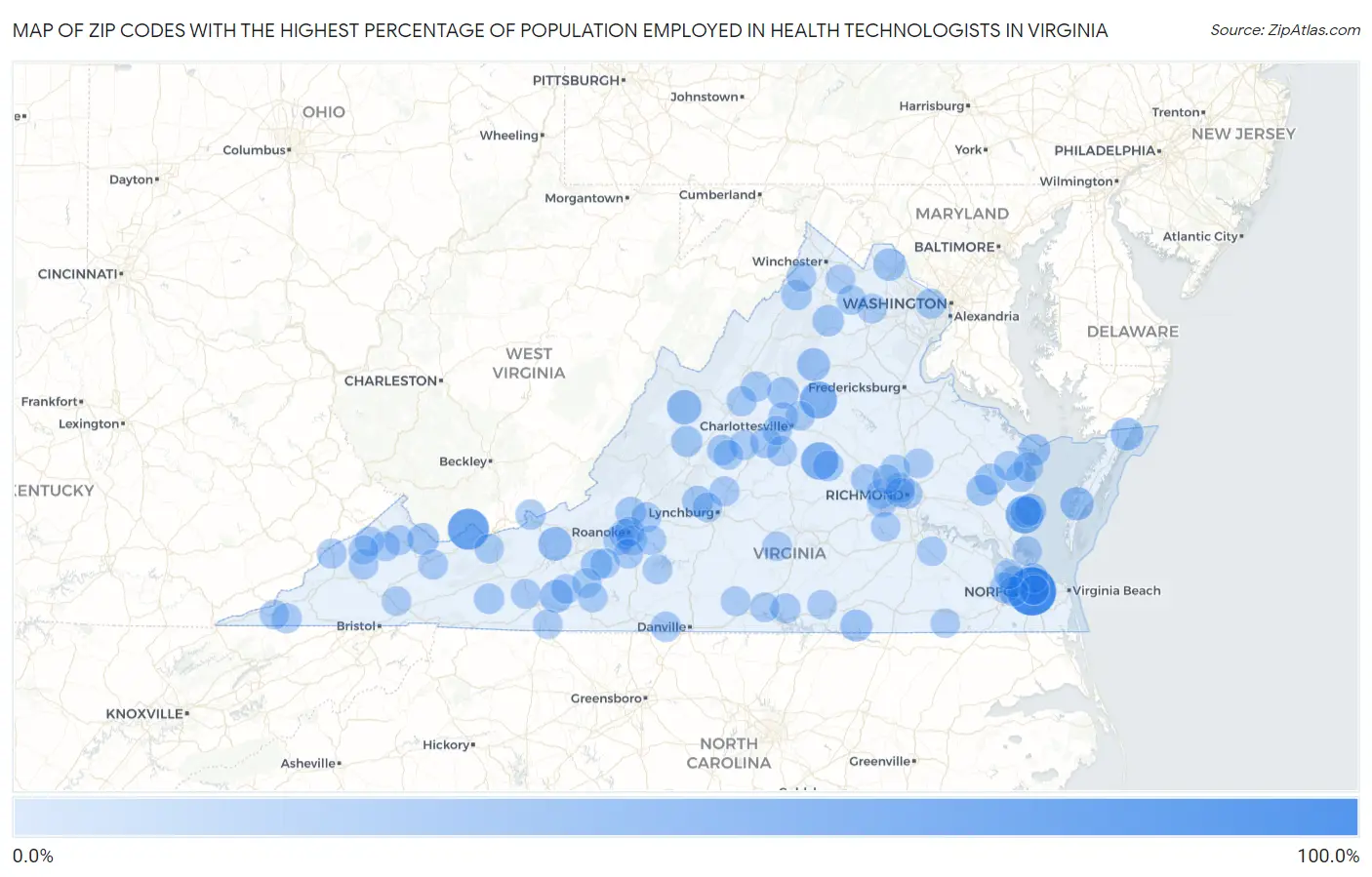 Zip Codes with the Highest Percentage of Population Employed in Health Technologists in Virginia Map