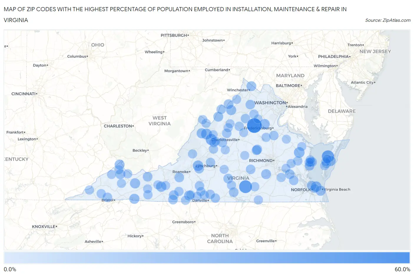 Zip Codes with the Highest Percentage of Population Employed in Installation, Maintenance & Repair in Virginia Map