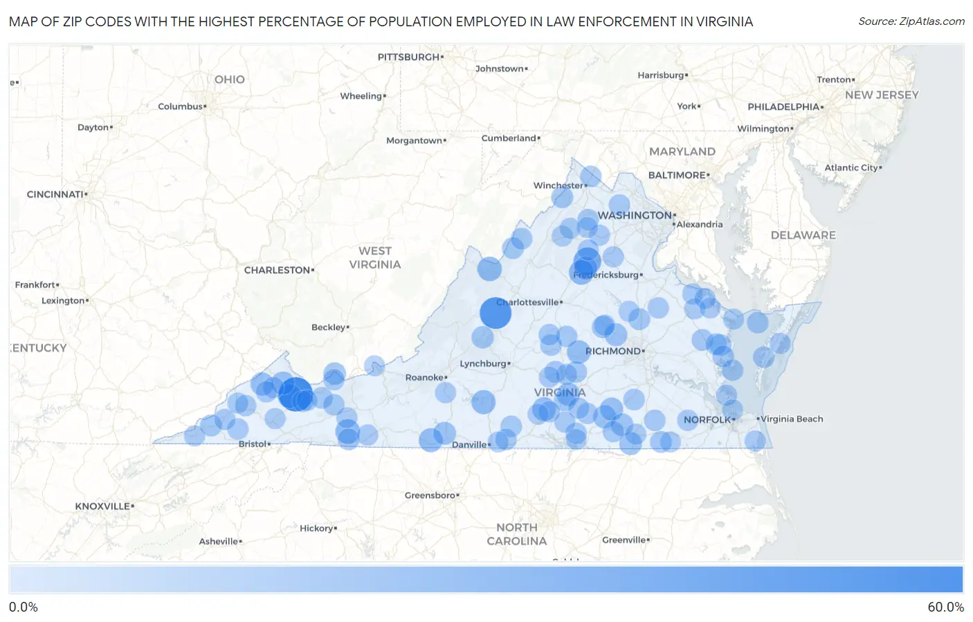 Zip Codes with the Highest Percentage of Population Employed in Law Enforcement in Virginia Map