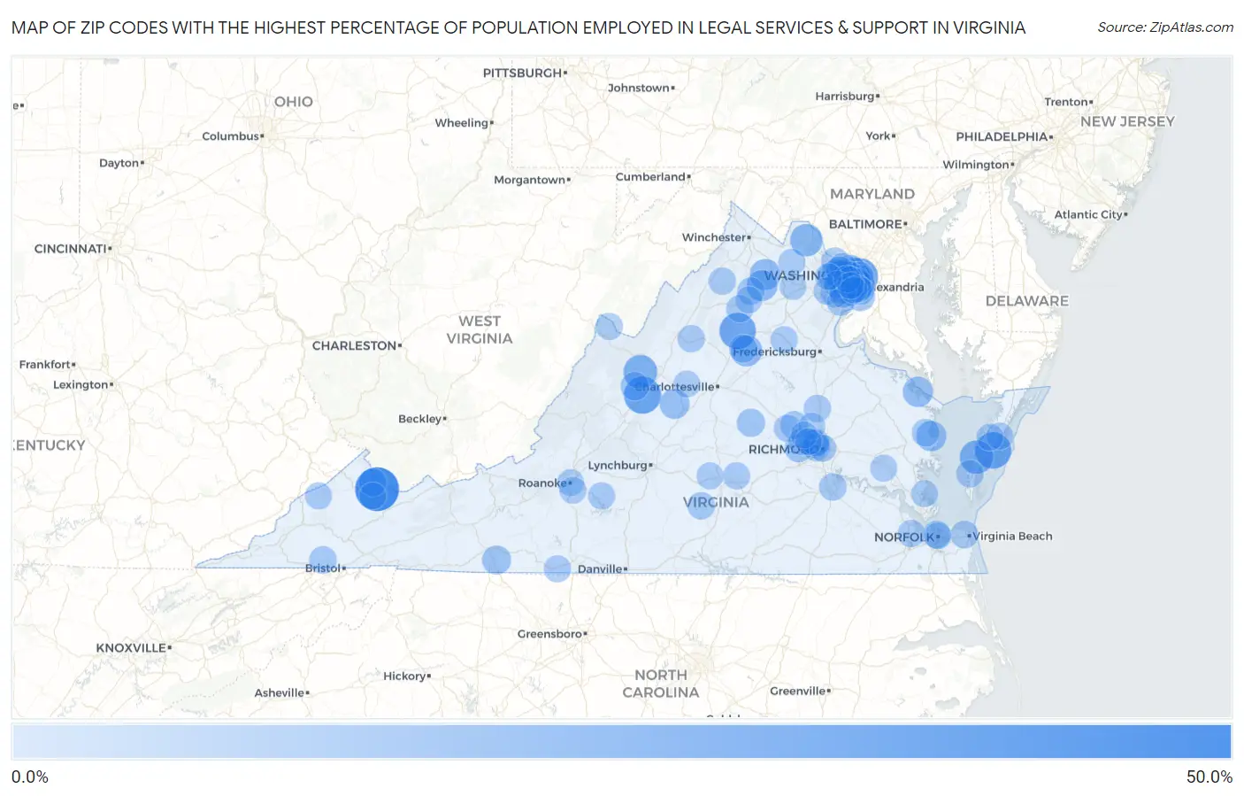 Zip Codes with the Highest Percentage of Population Employed in Legal Services & Support in Virginia Map