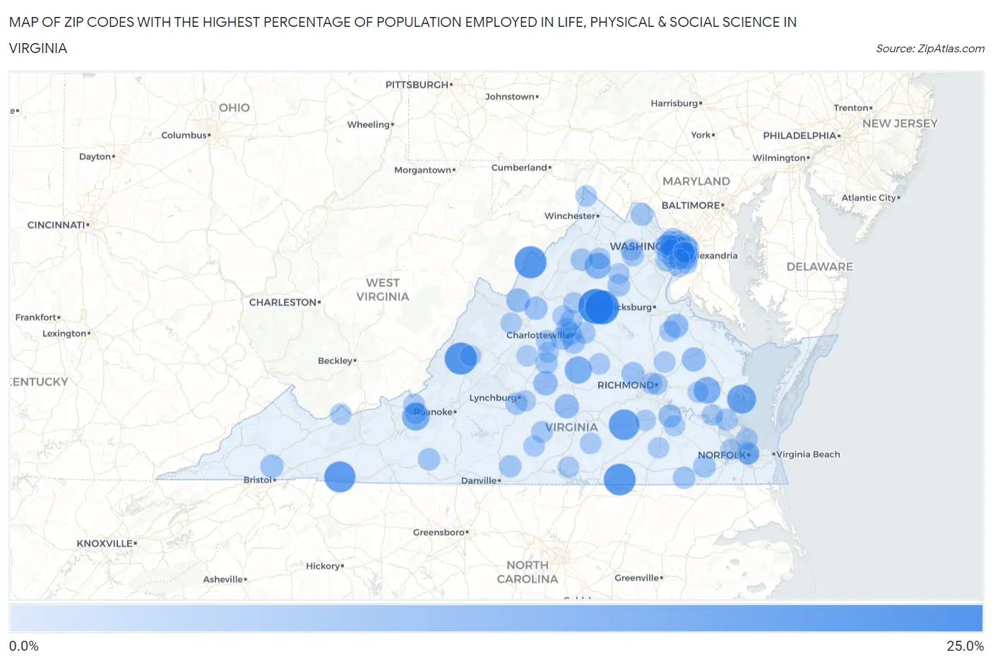 Zip Codes with the Highest Percentage of Population Employed in Life, Physical & Social Science in Virginia Map