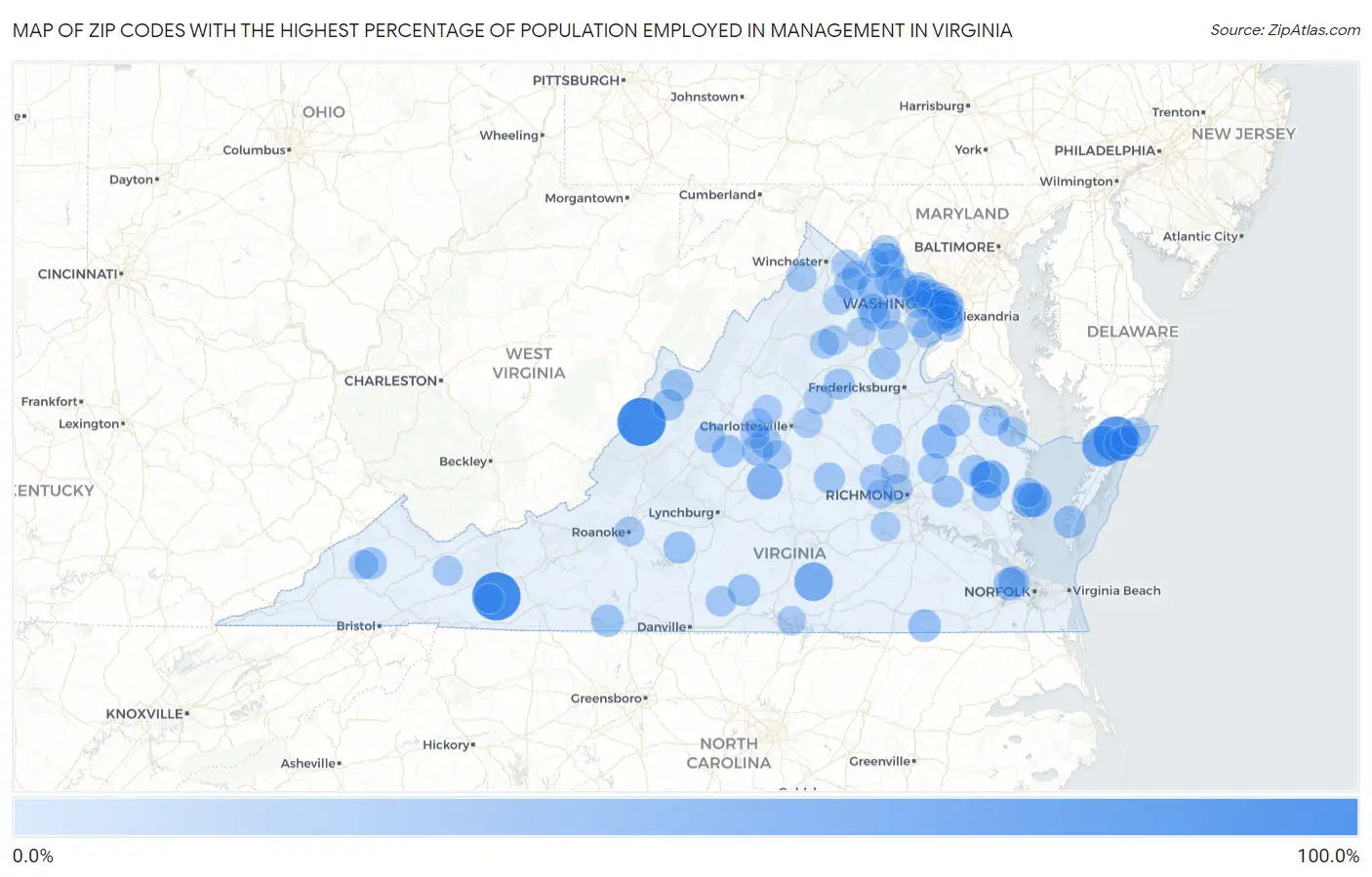 Zip Codes with the Highest Percentage of Population Employed in Management in Virginia Map