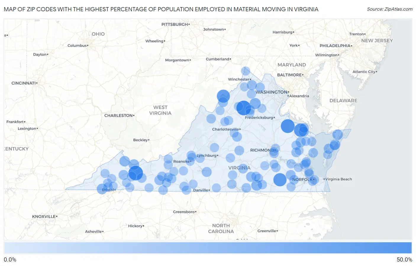 Zip Codes with the Highest Percentage of Population Employed in Material Moving in Virginia Map