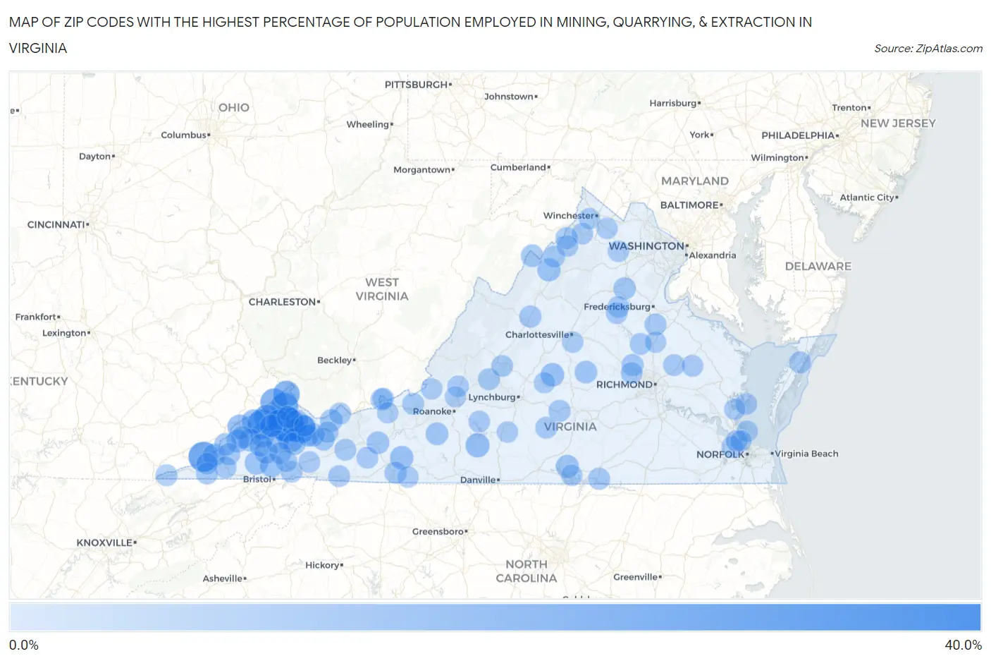 Zip Codes with the Highest Percentage of Population Employed in Mining, Quarrying, & Extraction in Virginia Map
