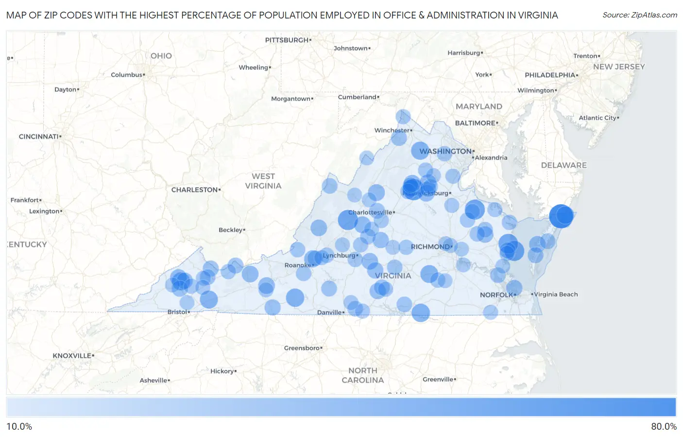 Zip Codes with the Highest Percentage of Population Employed in Office & Administration in Virginia Map