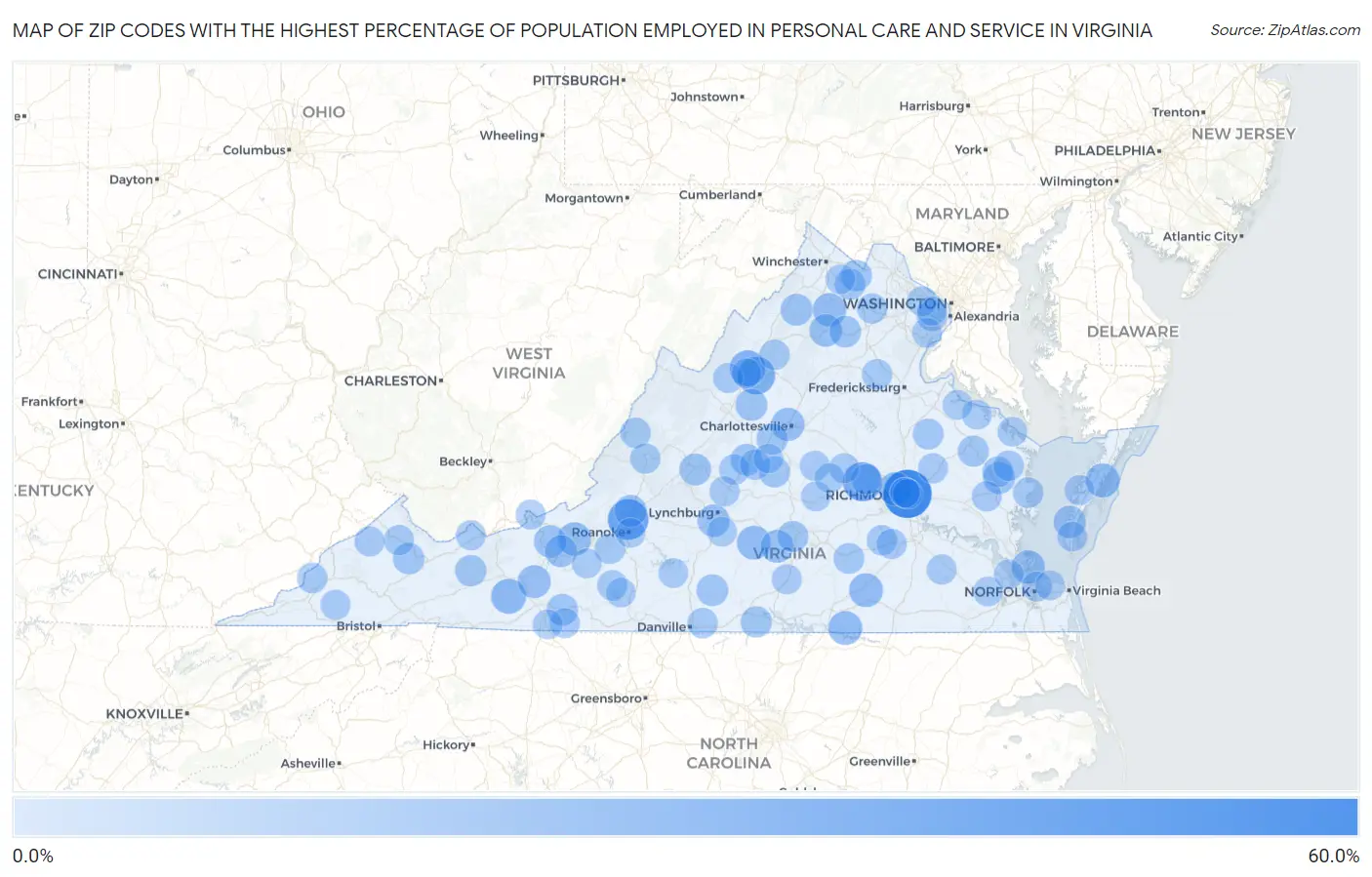 Zip Codes with the Highest Percentage of Population Employed in Personal Care and Service in Virginia Map