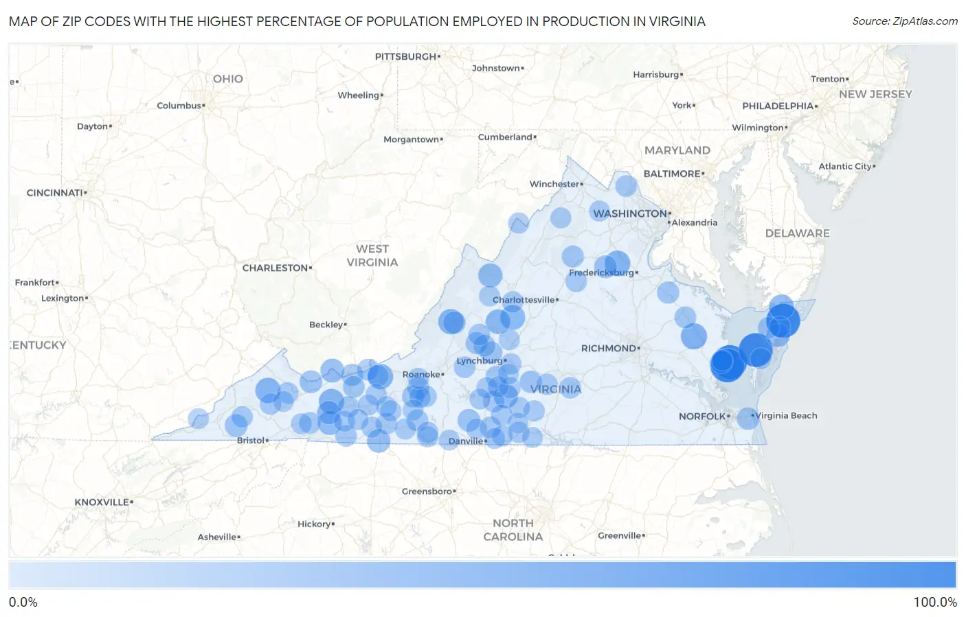 Zip Codes with the Highest Percentage of Population Employed in Production in Virginia Map