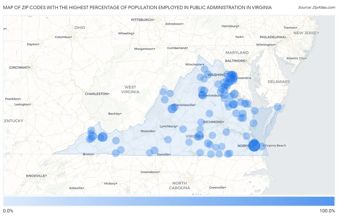 Zip Codes with the Highest Percentage of Population Employed in Public Administration in Virginia Map