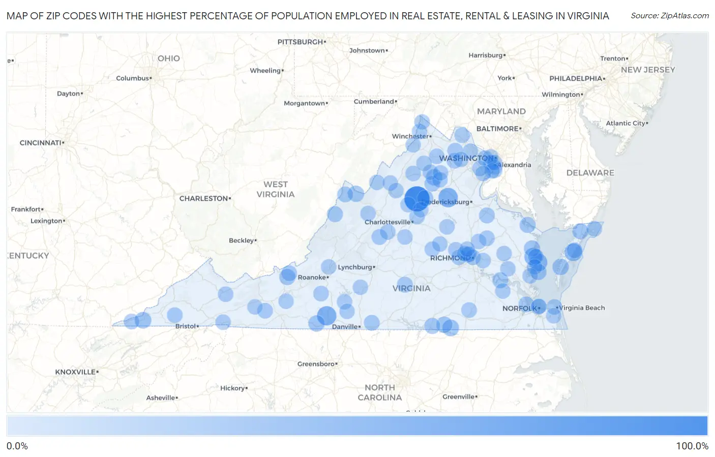 Zip Codes with the Highest Percentage of Population Employed in Real Estate, Rental & Leasing in Virginia Map