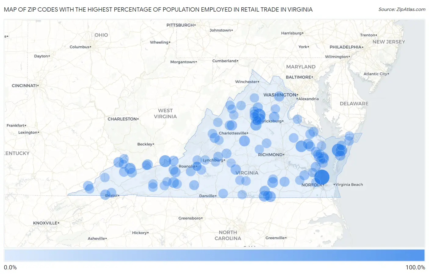 Zip Codes with the Highest Percentage of Population Employed in Retail Trade in Virginia Map
