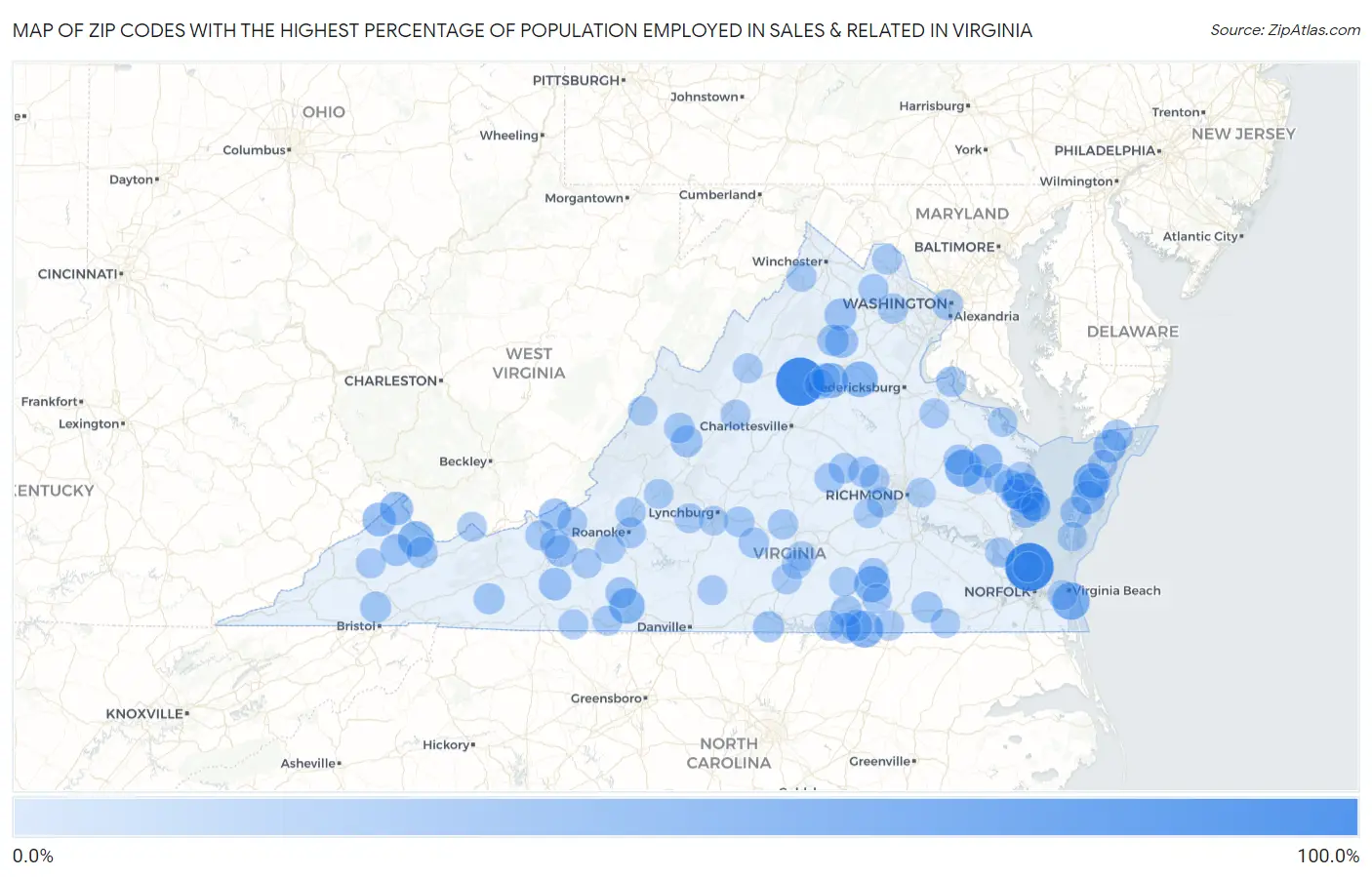 Zip Codes with the Highest Percentage of Population Employed in Sales & Related in Virginia Map