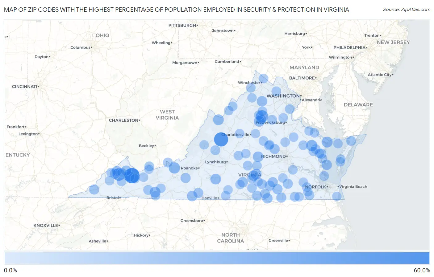 Zip Codes with the Highest Percentage of Population Employed in Security & Protection in Virginia Map