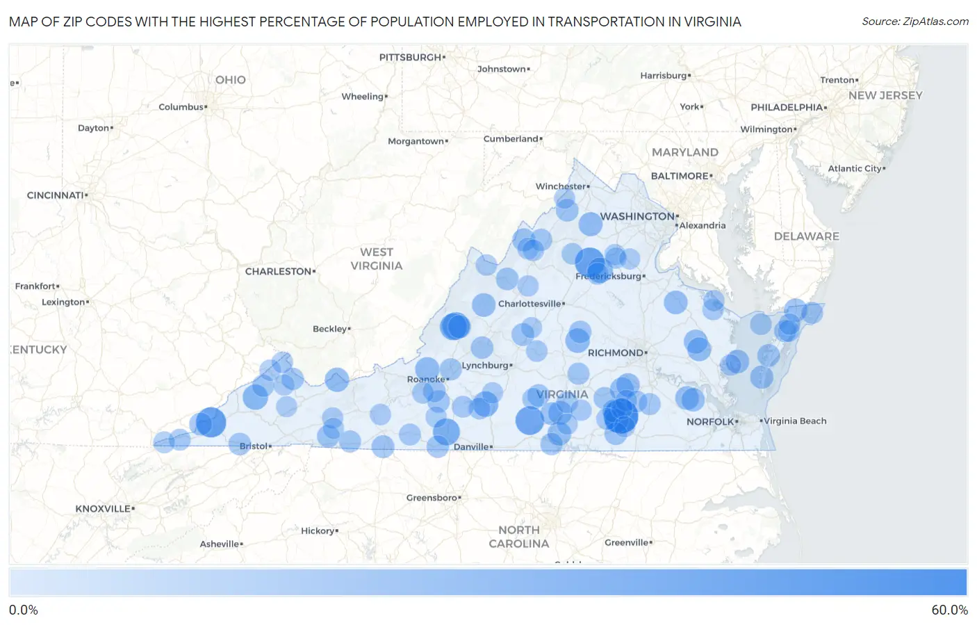 Zip Codes with the Highest Percentage of Population Employed in Transportation in Virginia Map