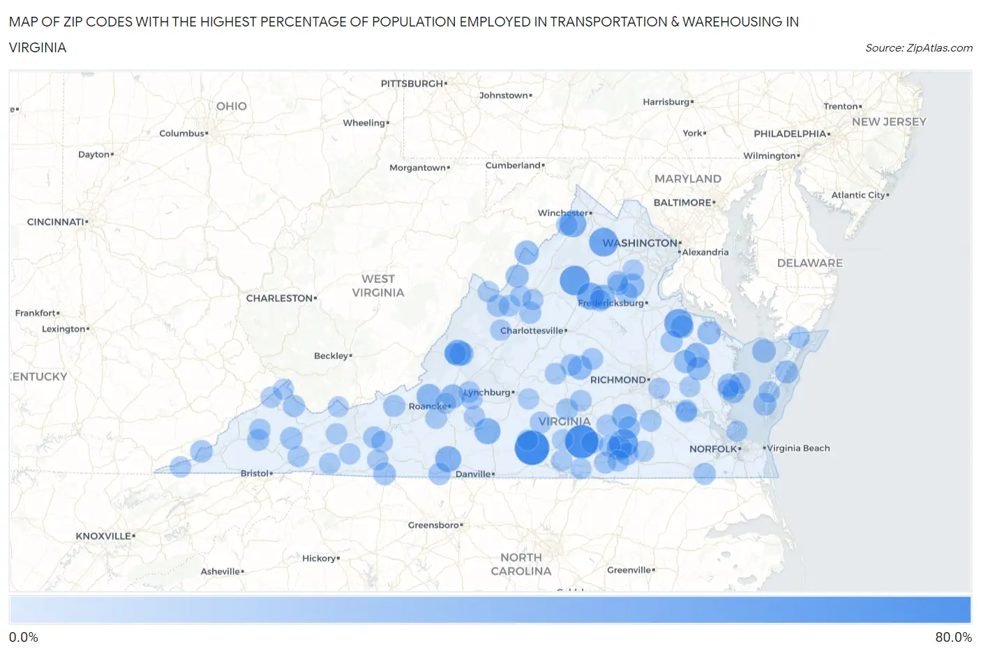 Zip Codes with the Highest Percentage of Population Employed in Transportation & Warehousing in Virginia Map
