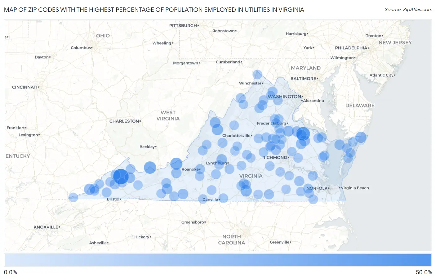 Zip Codes with the Highest Percentage of Population Employed in Utilities in Virginia Map