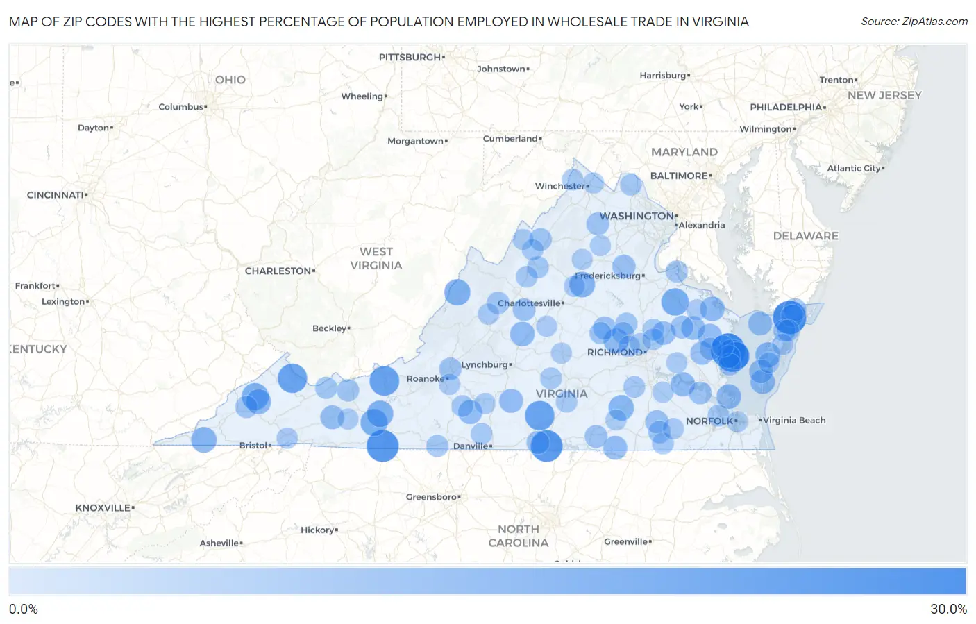 Zip Codes with the Highest Percentage of Population Employed in Wholesale Trade in Virginia Map