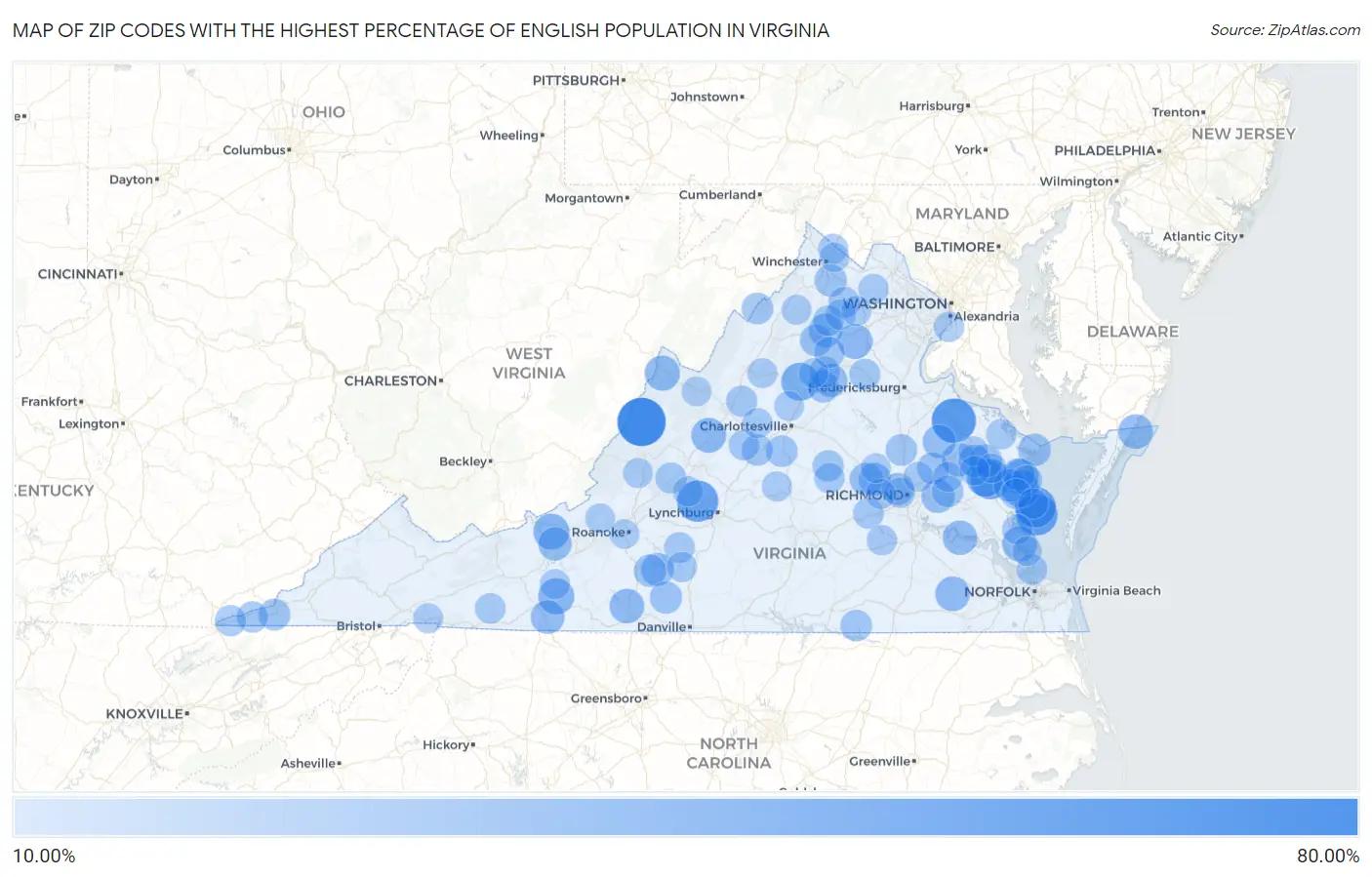 Zip Codes with the Highest Percentage of English Population in Virginia Map