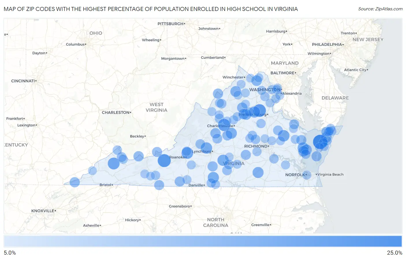 Zip Codes with the Highest Percentage of Population Enrolled in High School in Virginia Map