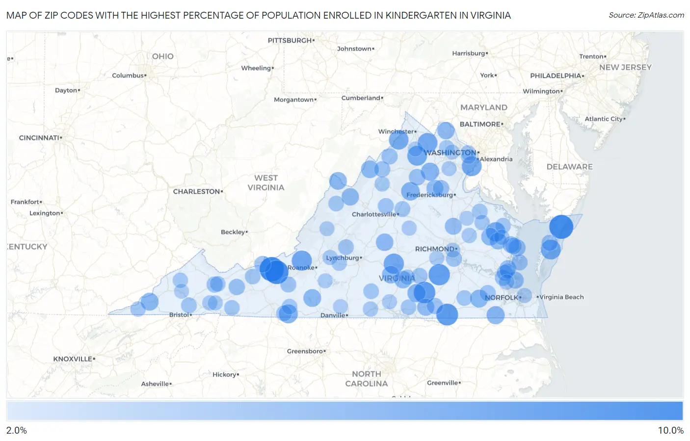 Zip Codes with the Highest Percentage of Population Enrolled in Kindergarten in Virginia Map