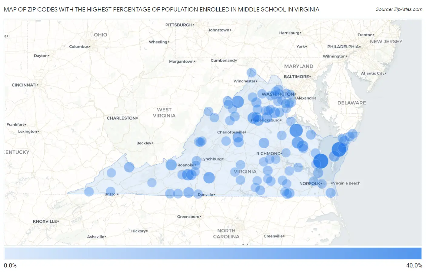Zip Codes with the Highest Percentage of Population Enrolled in Middle School in Virginia Map