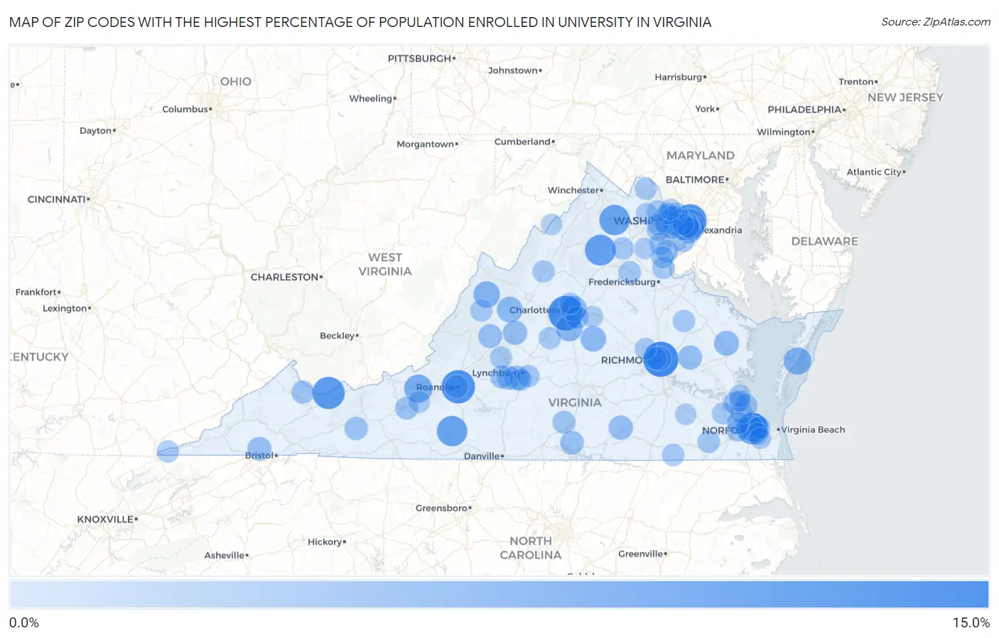 Zip Codes with the Highest Percentage of Population Enrolled in University in Virginia Map