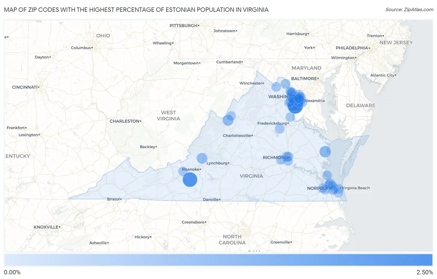 Zip Codes with the Highest Percentage of Estonian Population in Virginia Map