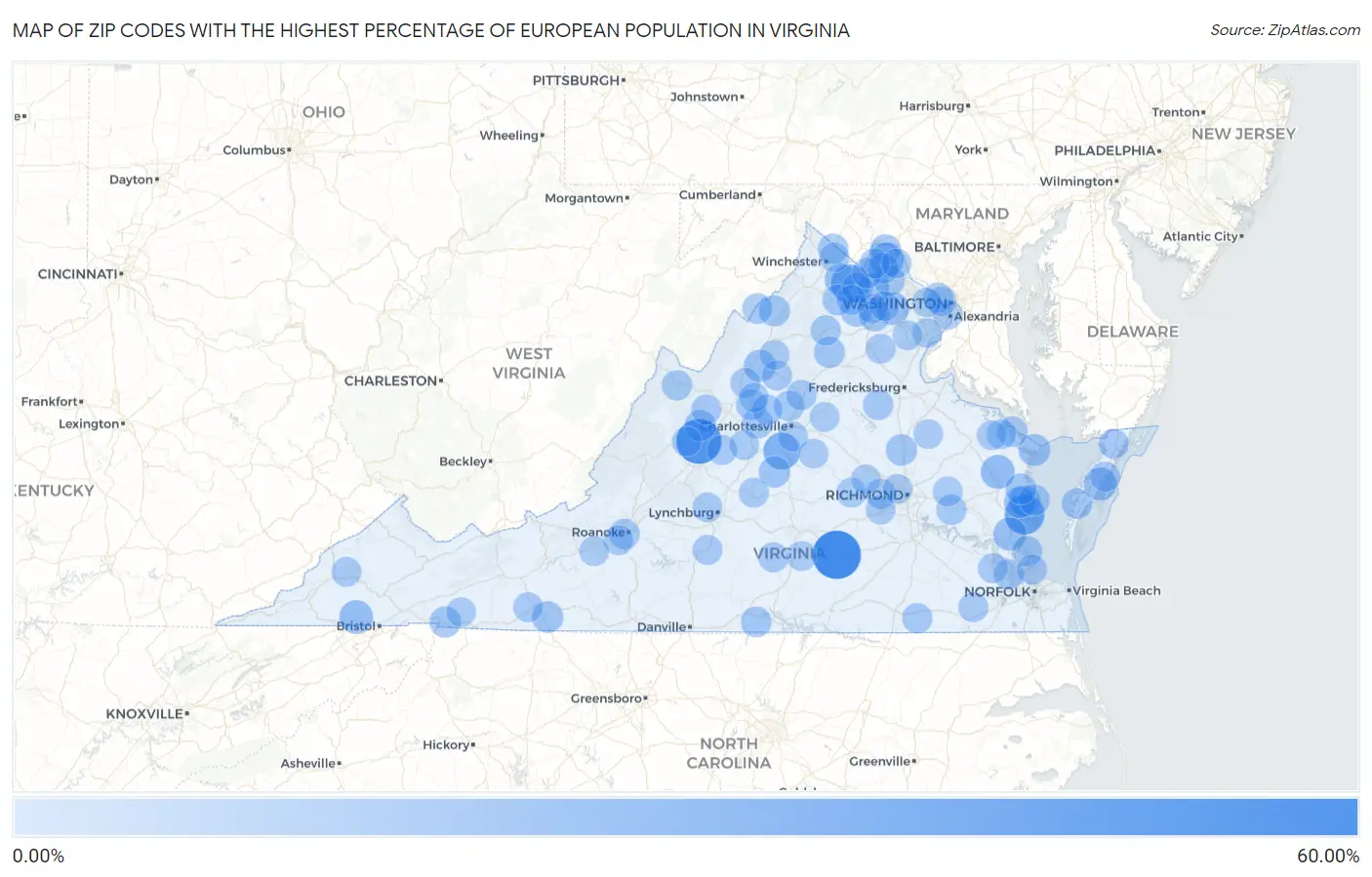 Zip Codes with the Highest Percentage of European Population in Virginia Map