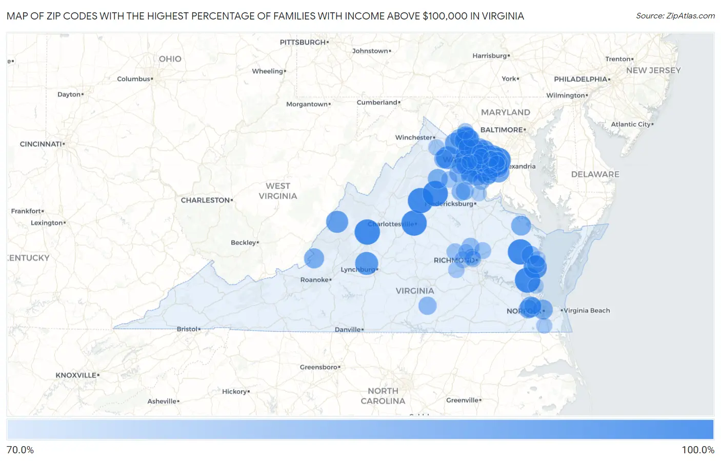 Zip Codes with the Highest Percentage of Families with Income Above $100,000 in Virginia Map