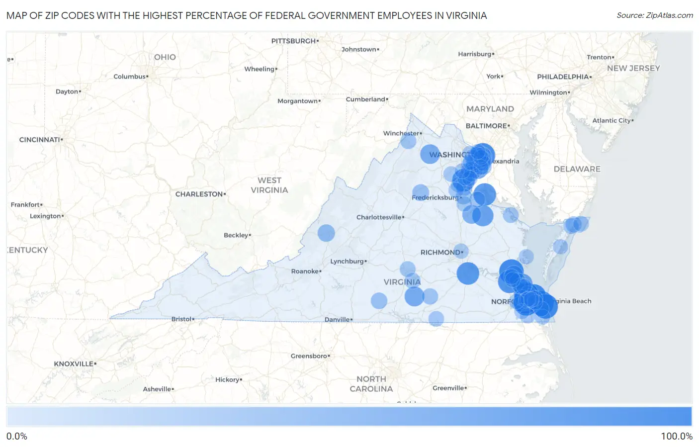 Zip Codes with the Highest Percentage of Federal Government Employees in Virginia Map