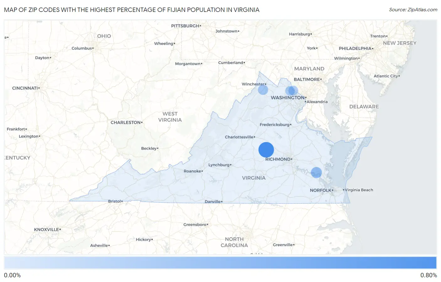 Zip Codes with the Highest Percentage of Fijian Population in Virginia Map