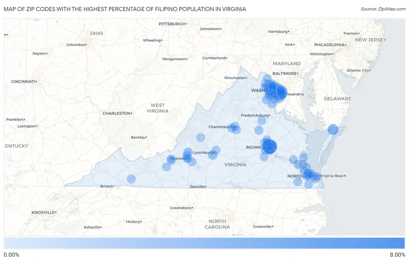 Zip Codes with the Highest Percentage of Filipino Population in Virginia Map