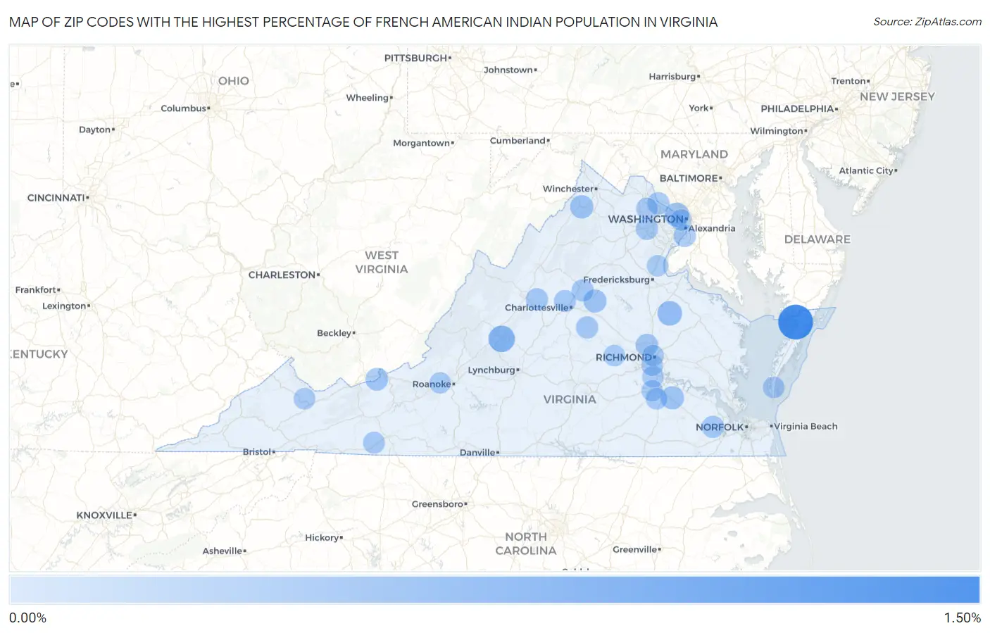 Zip Codes with the Highest Percentage of French American Indian Population in Virginia Map