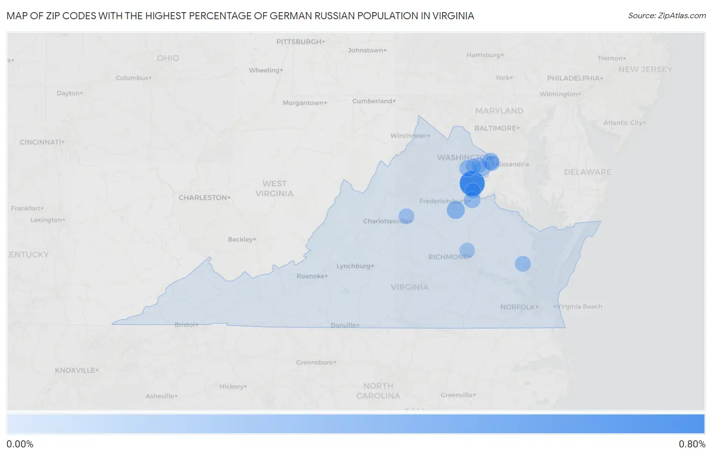 Zip Codes with the Highest Percentage of German Russian Population in Virginia Map